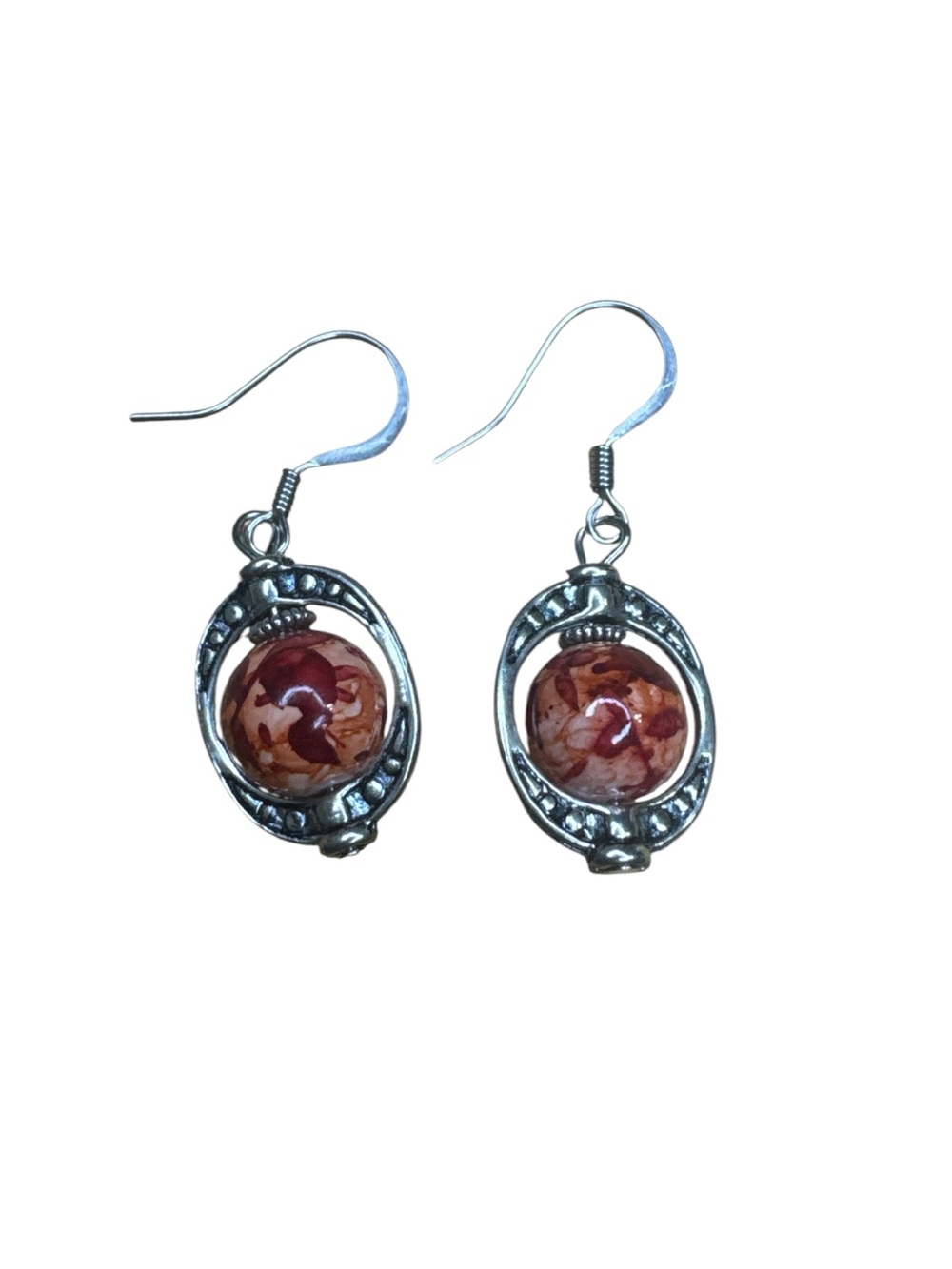 Handmade Brown Marbled Bead Silver Tone Dangle Earrings - Picture 2 of 3
